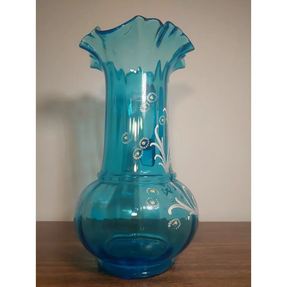 Antique Victorian / Ruffled Paneled Blue Glass PITCHER / Hand Painted Flowers